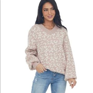 Dusty Blush Leopard Print V Neck Sweater